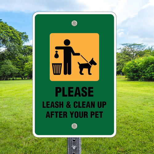 12"x 18" Aluminum Sign: Leash and Clean Up
