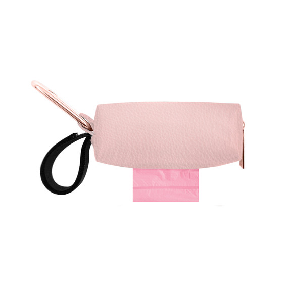 Pink Faux Leather Deluxe Dog Poop Bag Duffel Dispenser with Pink Citrus Scented Tie Handle Dog Waste Bags and Metal Carabiner Clip