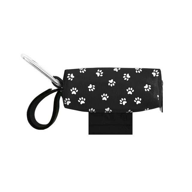 Black Paw Duffel Poop Bag Dispenser with Black Unscented Tie Handle Dog Waste bags with Adjustable Hook- and-Loop Strap and Metal Carabiner Clip