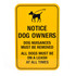 Yellow sign for dog waste bag dispenser with leash