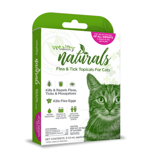 Vetality Naturals Flea & Tick Topicals for Cats, Kills & Repels Fleas, Ticks & Mosquitoes- 3 pack 