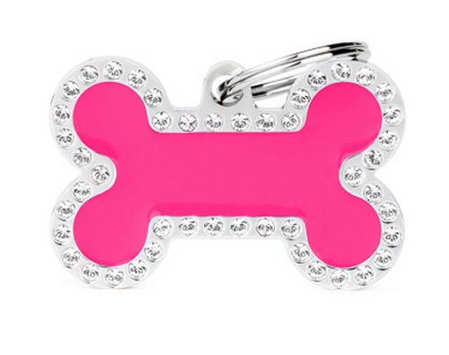 Myfamily Glam Big Fuchsia Bone Strass Personalized Dog ID Tag 