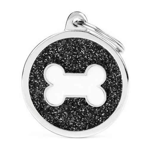 Myfamily Large Round Black Glitter with Bone Personalized Dog ID Tag 