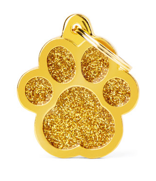 Myfamily Big Gold Glitter Paw Shaped Personalized Dog ID Tag 