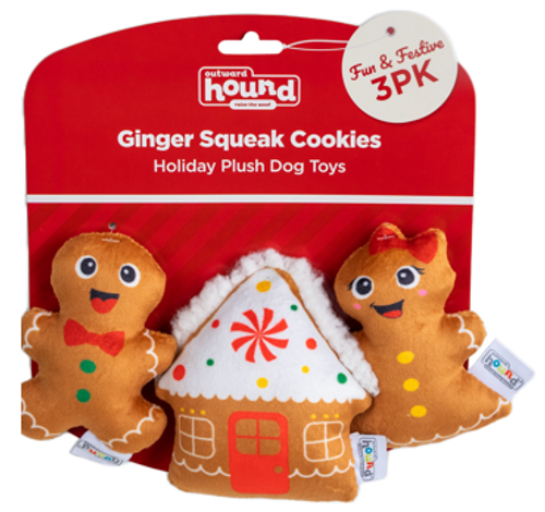 Outward Hound Holiday Ginger Squeak Cookies Plush Dog Toys 3 pk