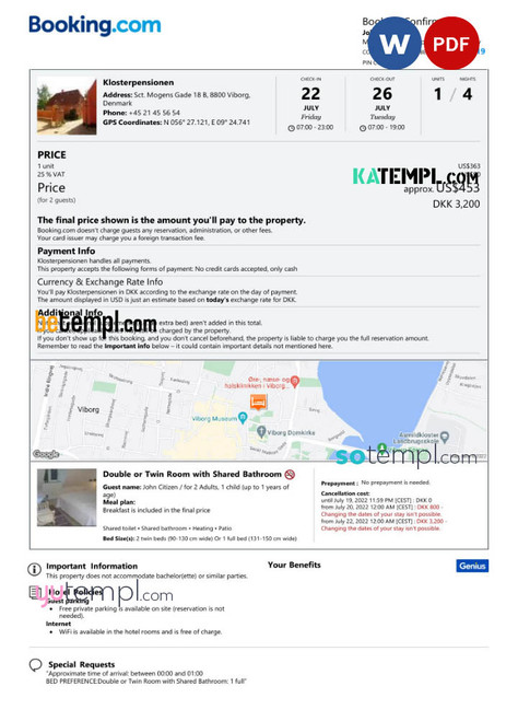 Denmark hotel booking confirmation Word and PDF template, 2 pages