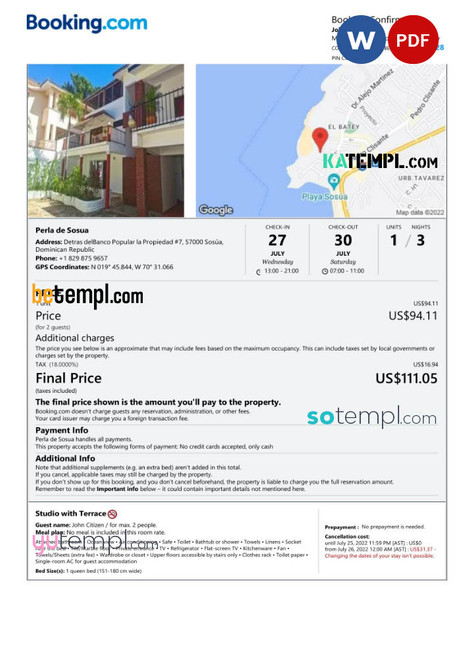 Dominican Republic hotel booking confirmation Word and PDF template, 2 pages