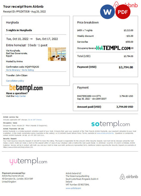 Egypt Airbnb booking confirmation Word and PDF template