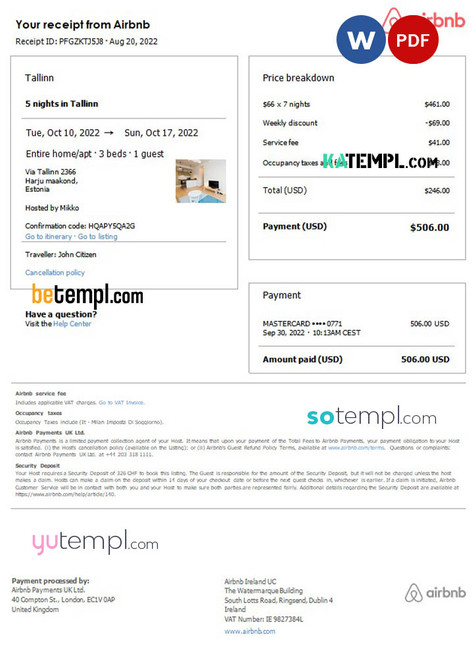 Estonia Airbnb booking confirmation Word and PDF template