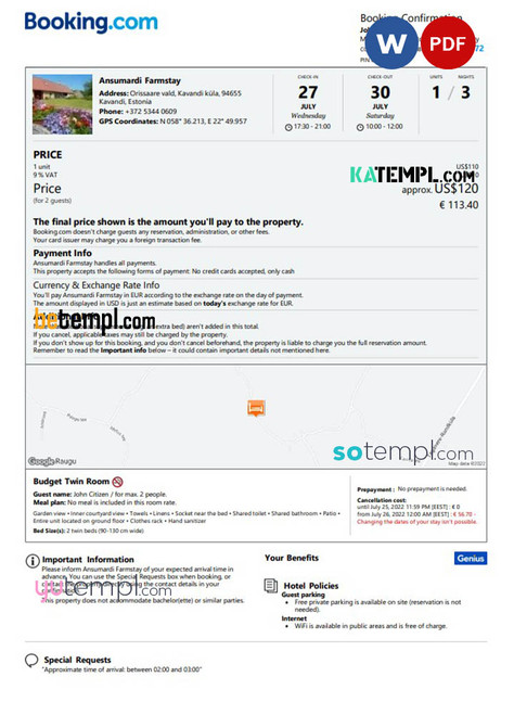 Estonia hotel booking confirmation Word and PDF template, 2 pages