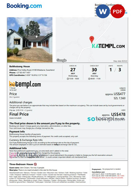 Eswatini (Swaziland) hotel booking confirmation Word and PDF template, 2 pages