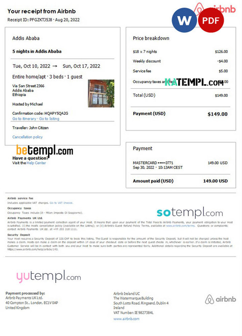 Ethiopia Airbnb booking confirmation Word and PDF template