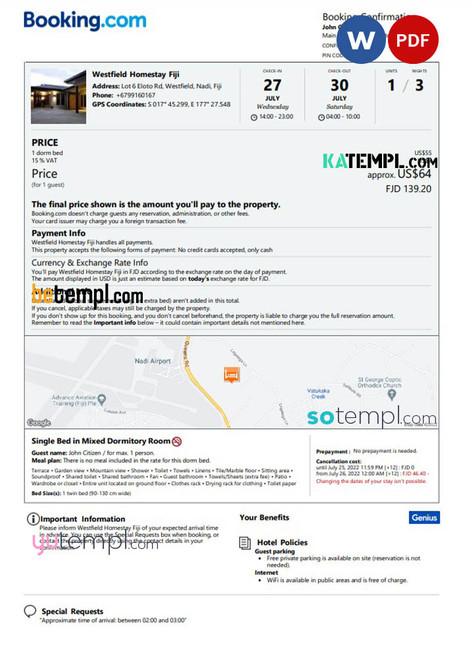 Fiji hotel booking confirmation Word and PDF template, 2 pages