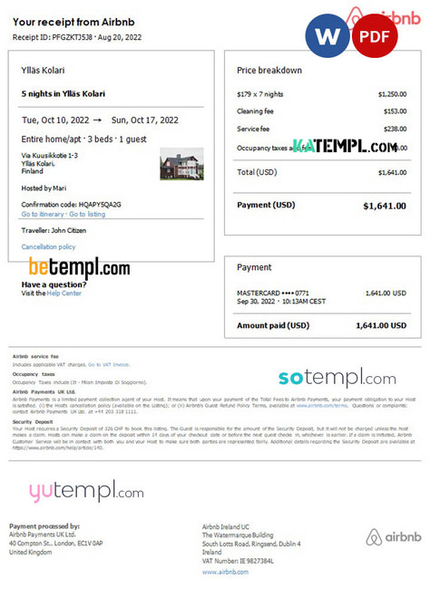 Finland Airbnb booking confirmation Word and PDF template