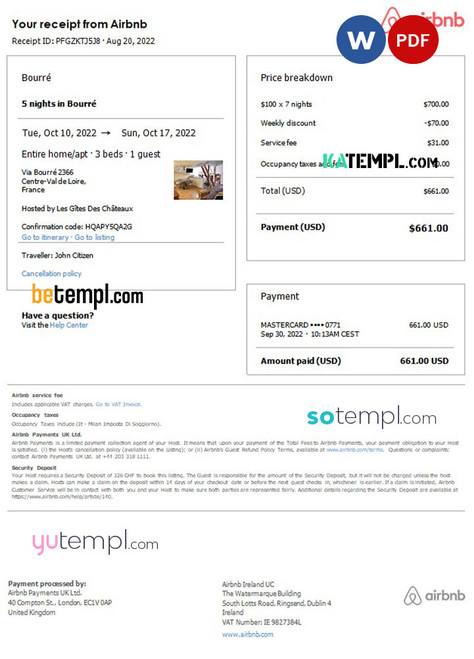 France Airbnb booking confirmation Word and PDF template