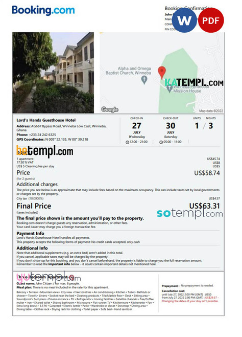 Ghana hotel booking confirmation Word and PDF template, 2 pages