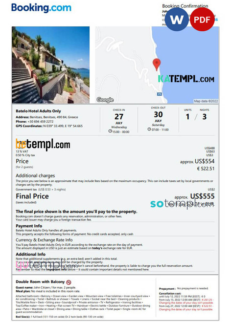 Greece hotel booking confirmation Word and PDF template, 2 pages