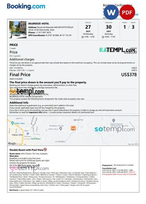 Haiti hotel booking confirmation Word and PDF template, 2 pages