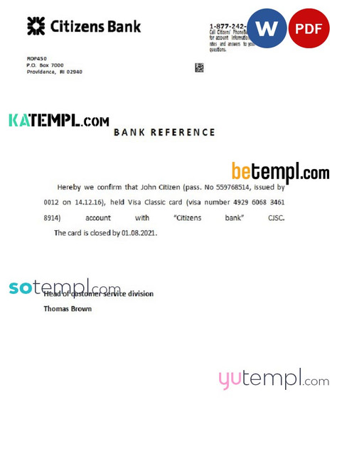 USA Citizens Bank bank account closure reference letter template in Word and PDF format