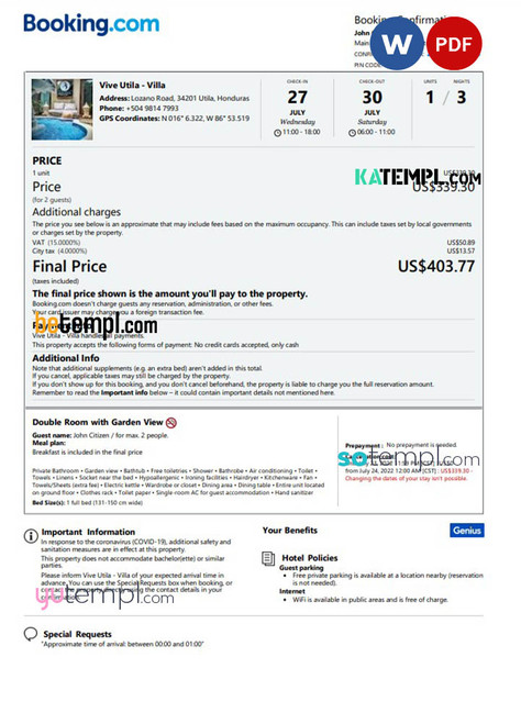 Honduras hotel booking confirmation Word and PDF template, 2 pages