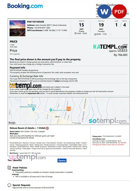 Indonesia hotel booking confirmation Word and PDF template, 2 pages