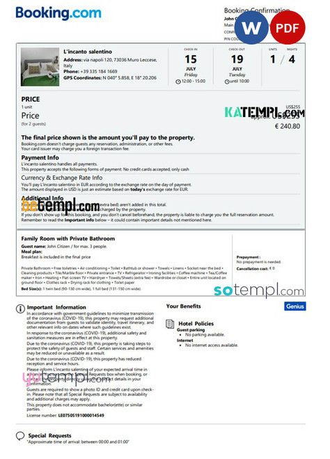 Italy hotel booking confirmation Word and PDF template, 2 pages