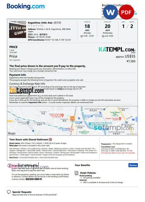 Japan hotel booking confirmation Word and PDF template, 2 pages