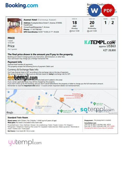 Kazakhstan hotel booking confirmation Word and PDF template, 2 pages