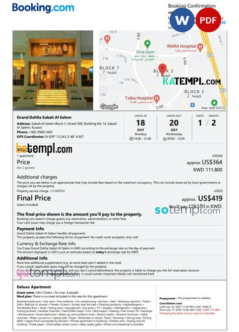 Kuwait hotel booking confirmation Word and PDF template, 2 pages