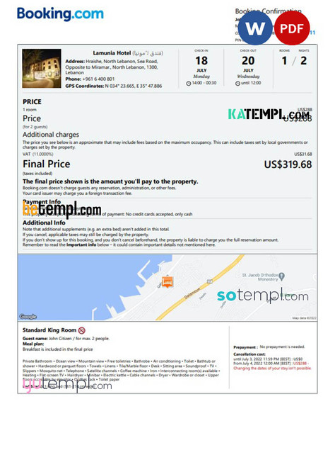 Lebanon hotel booking confirmation Word and PDF template, 2 pages