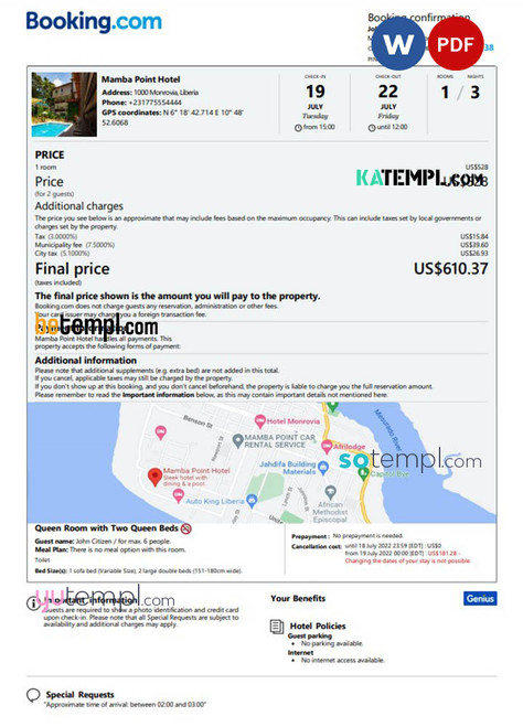 Liberia hotel booking confirmation Word and PDF template, 2 pages