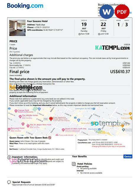 Libya hotel booking confirmation Word and PDF template, 2 pages