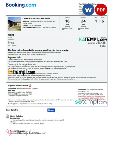 Spain hotel booking confirmation Word and PDF template, 2 pages