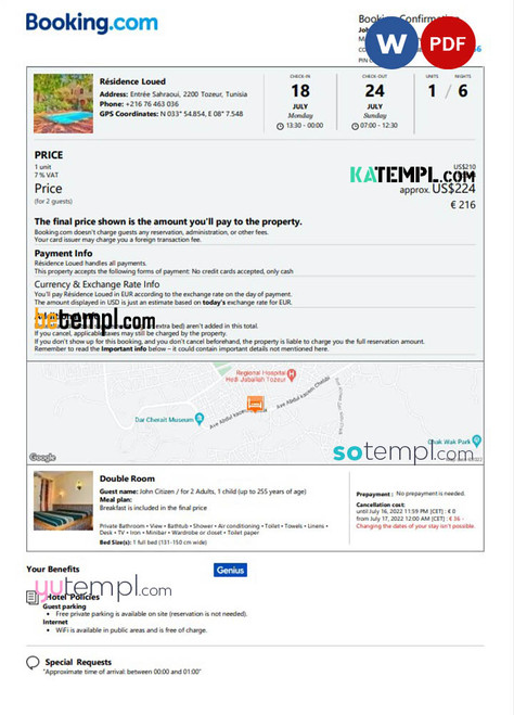 Tunisia hotel booking confirmation Word and PDF template, 2 pages