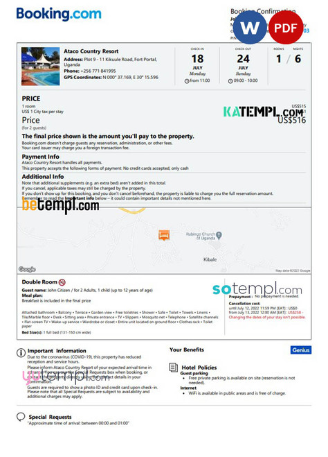 Uganda hotel booking confirmation Word and PDF template, 2 pages