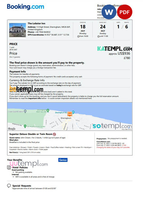 United Kingdom hotel booking confirmation Word and PDF template, 2 pages