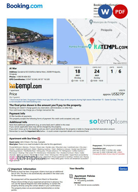 Uruguay hotel booking confirmation Word and PDF template, 2 pages