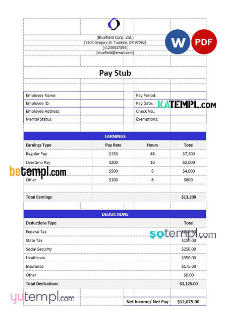 Bluefield Corp. Ltd pay stub Word and PDF template