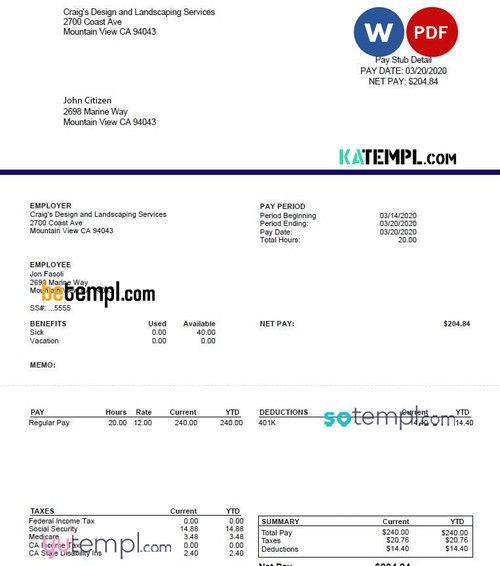 CRAIG’S Design and Landscapin Services pay stub template in Word and PDF formats