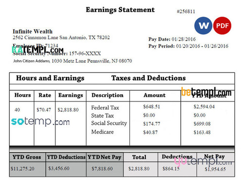 INFINITE wealth Australia earning statement template in Word and PDF formats