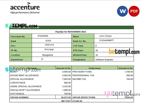 IRELAND ACCENTURE IT company earning statement template in Word and PDF formats