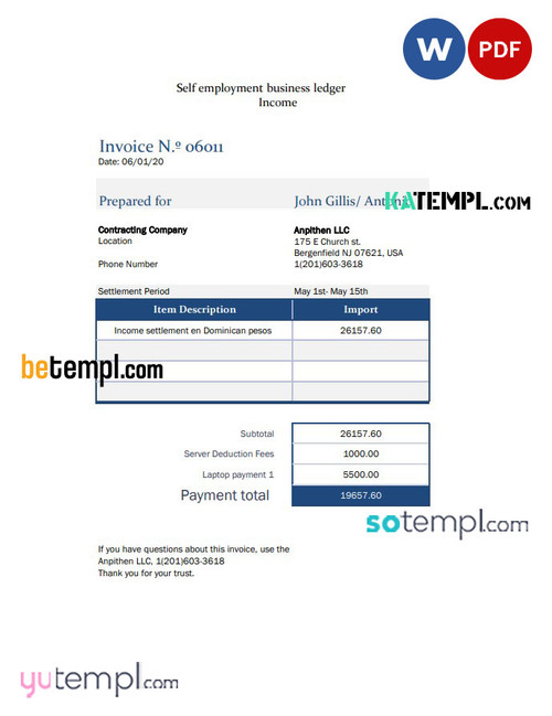 Self employment pay stub Word and PDF template