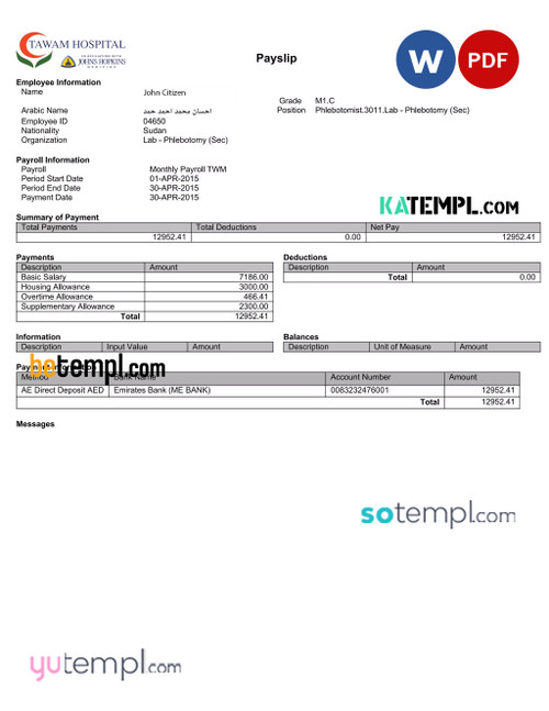 UAE TAWAM Hospital payslip template in Word and PDF formats