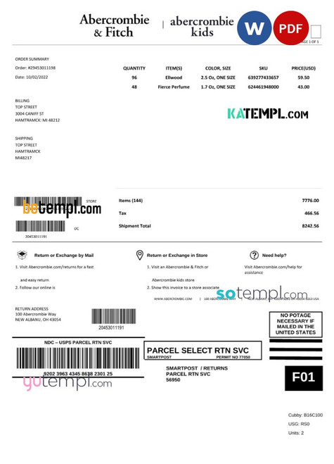 USA Abercrombie & Fitch invoice template Word and PDF template, fully editable