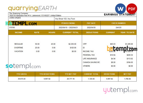 quarrying company fully editable paystub template in Word and PDF formats