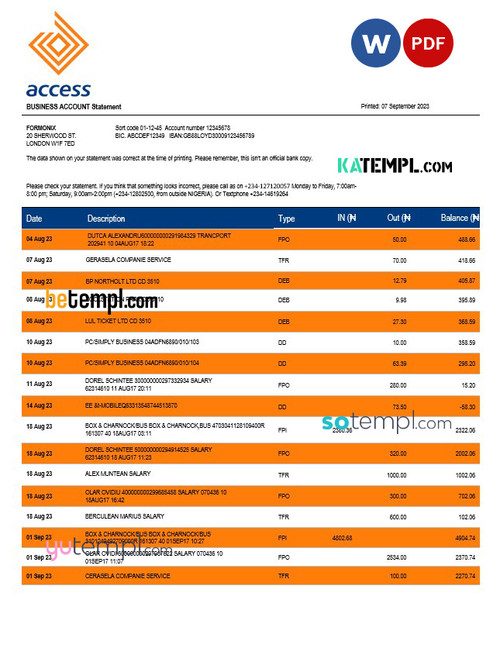 Access Bank company checking account statement Word and PDF template
