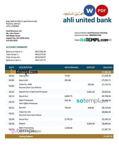 Ahli United Bank firm account statement Word and PDF template