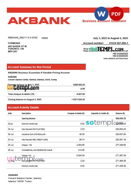 Akbank enterprise account statement Word and PDF template