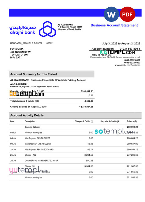 Al-RAJHI bank company account statement Word and PDF template