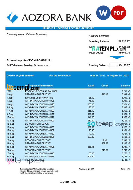 Aozora Bank organization checking account statement Word and PDF template